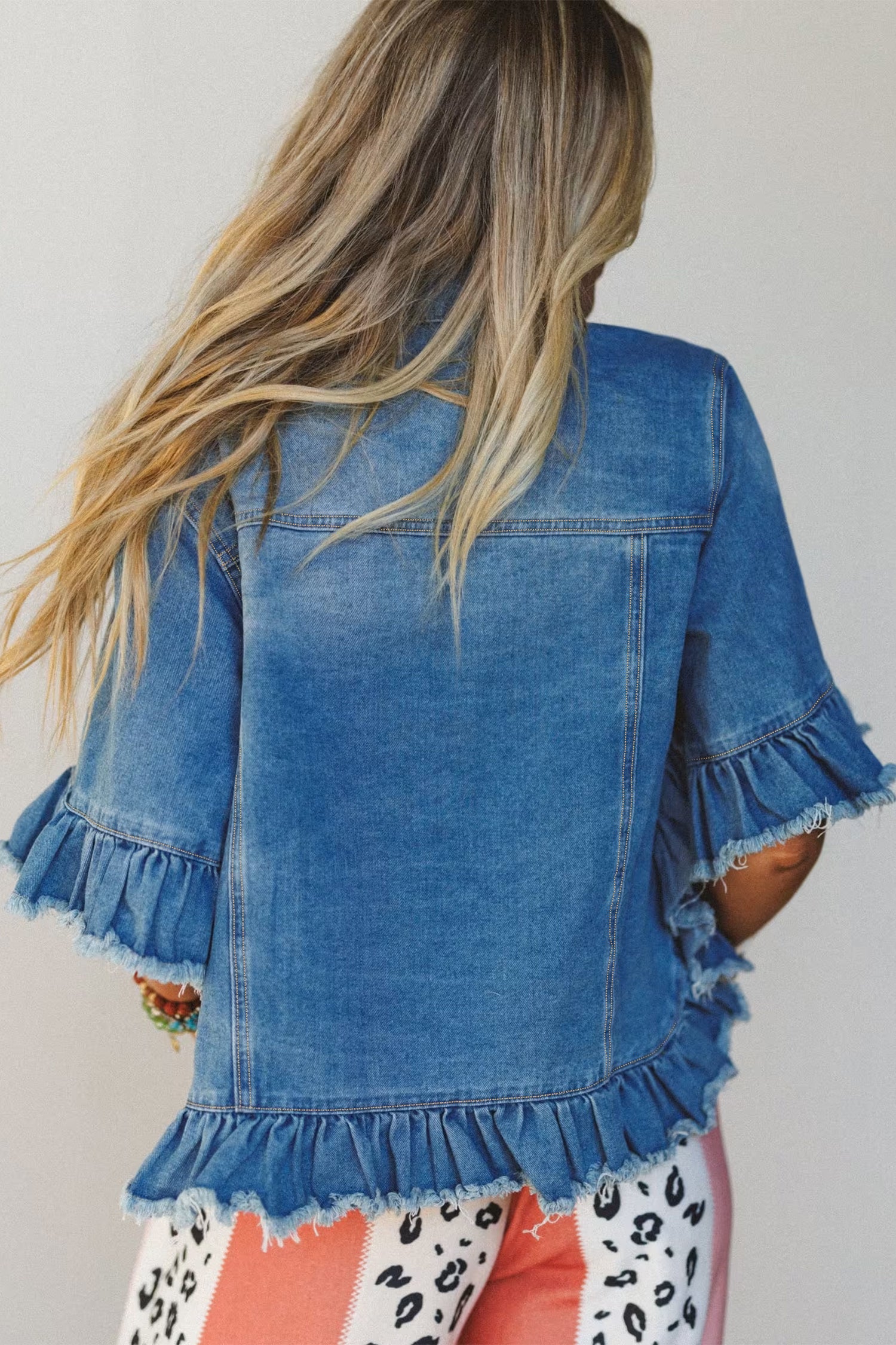 *Blue Ruffle Hem Raw Edge Half Sleeve Western Denim Jacket