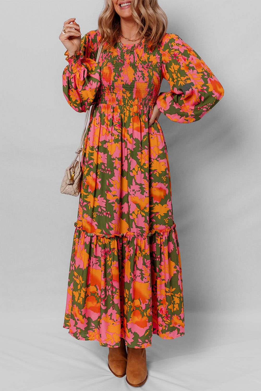 *Orange Floral Puff Sleeve Smocked Bodice Ruffled Long Dress