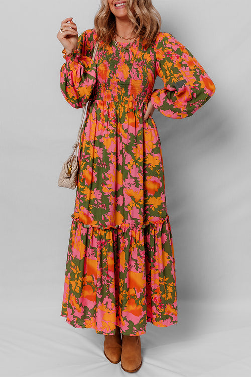 *Orange Floral Puff Sleeve Smocked Bodice Ruffled Long Dress