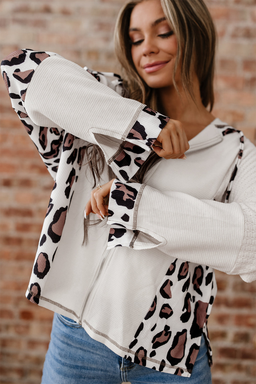 *Apricot Oversized Leopard Contrast Mixed Texture Patchwork Zip Up Drop Shoulder Hoodie