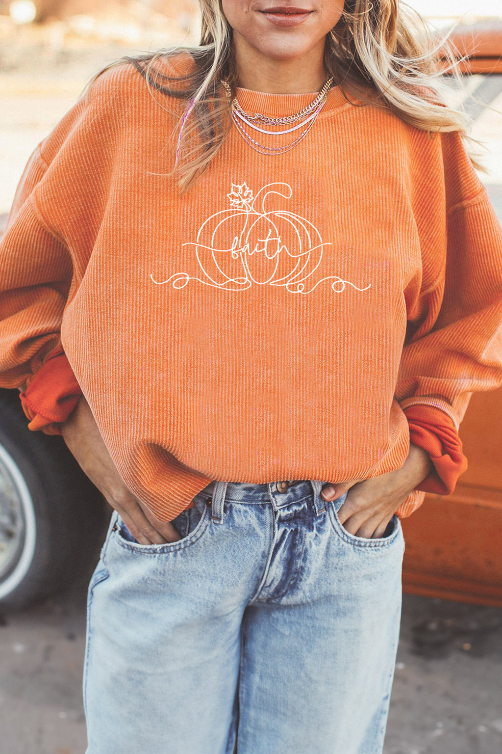 *Orange Custom Embroidered Pumpkin Faith Graphic Sweatshirt