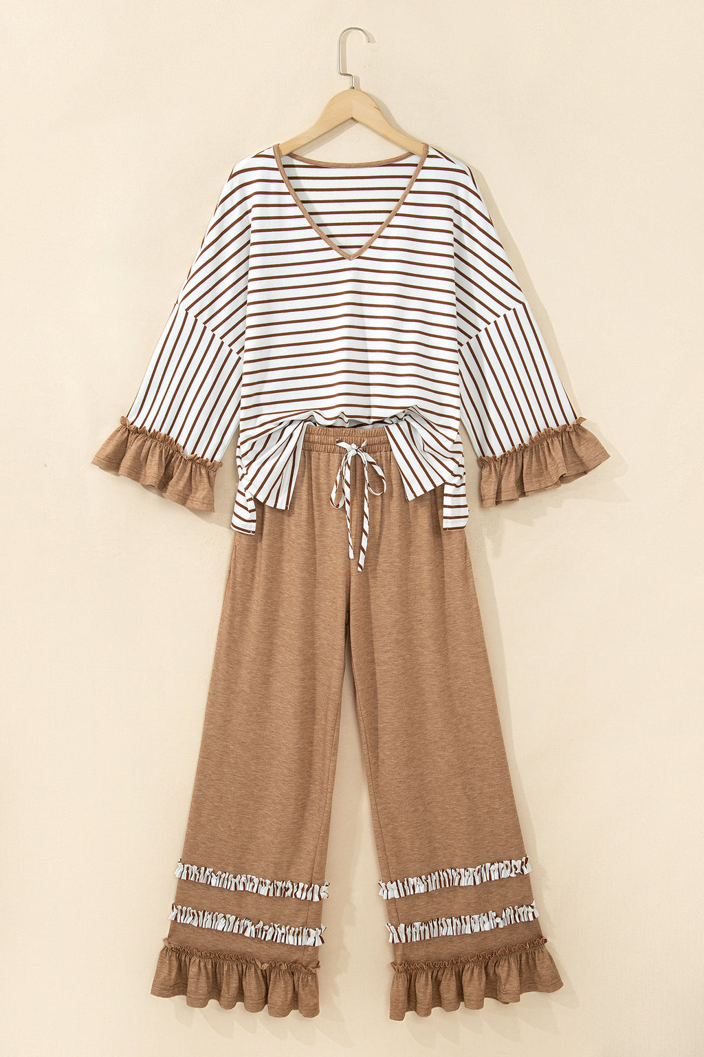 *2 colors Khaki/Gray Stripe V Neck Ruffle Contrast Sleeve Top Drawstring Pants 2pcs Set