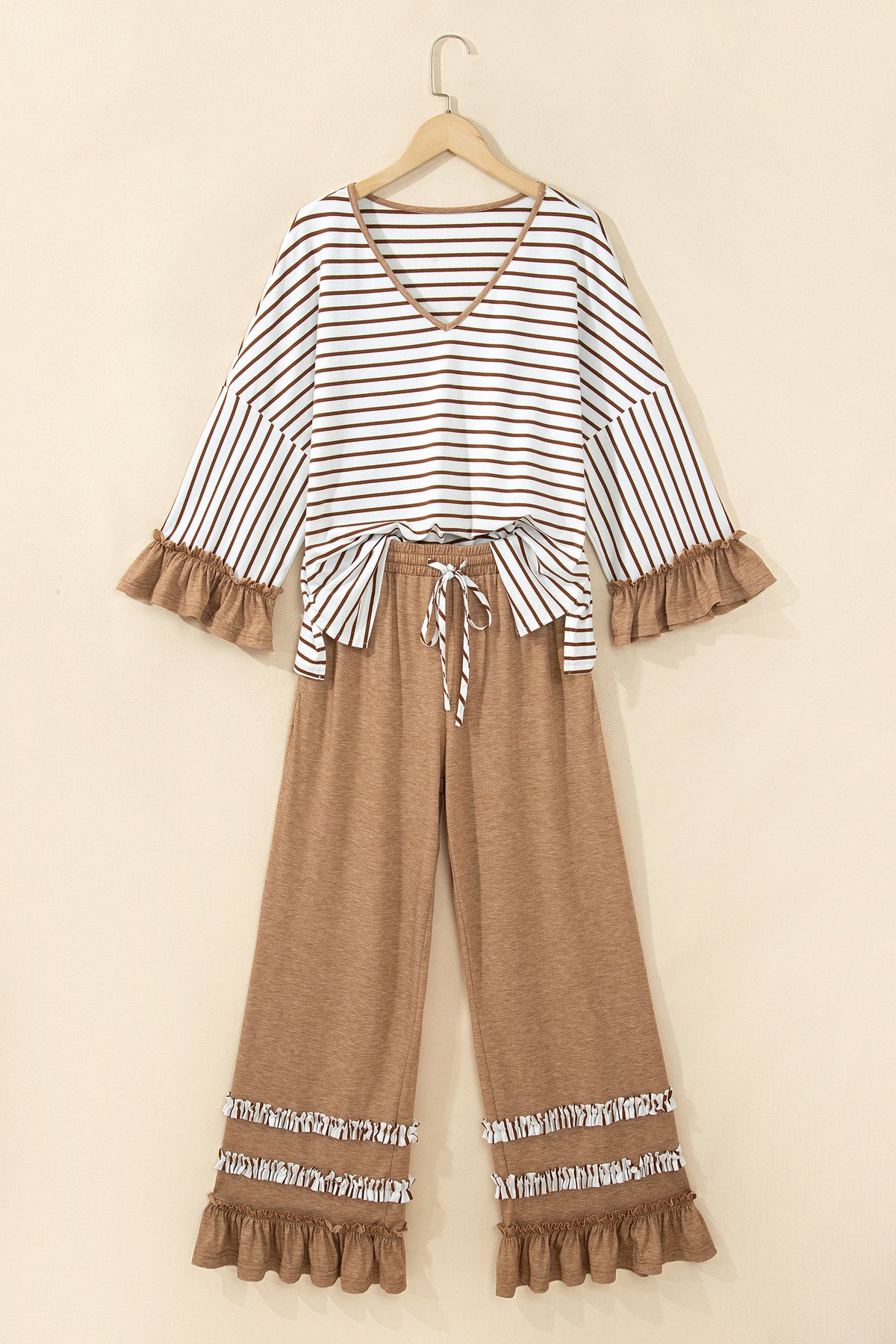*2 colors Khaki/Gray Stripe V Neck Ruffle Contrast Sleeve Top Drawstring Pants 2pcs Set