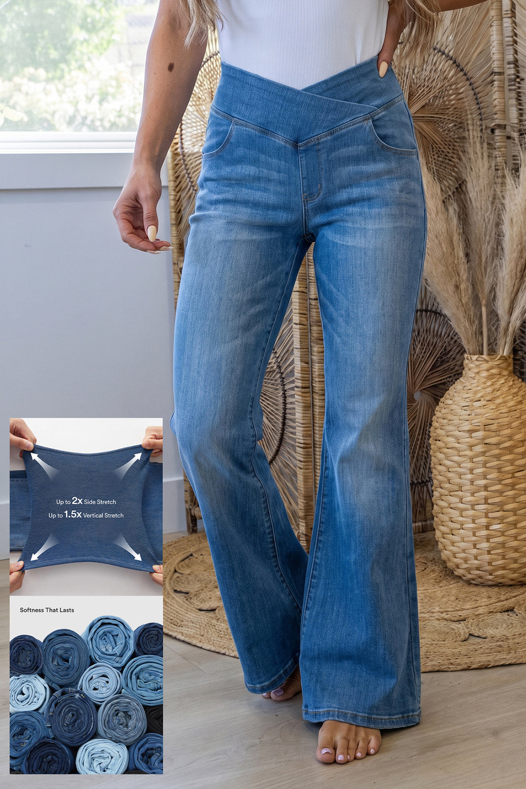 *Dusk Blue Crossed Waist Western Flared Full-length Jeans