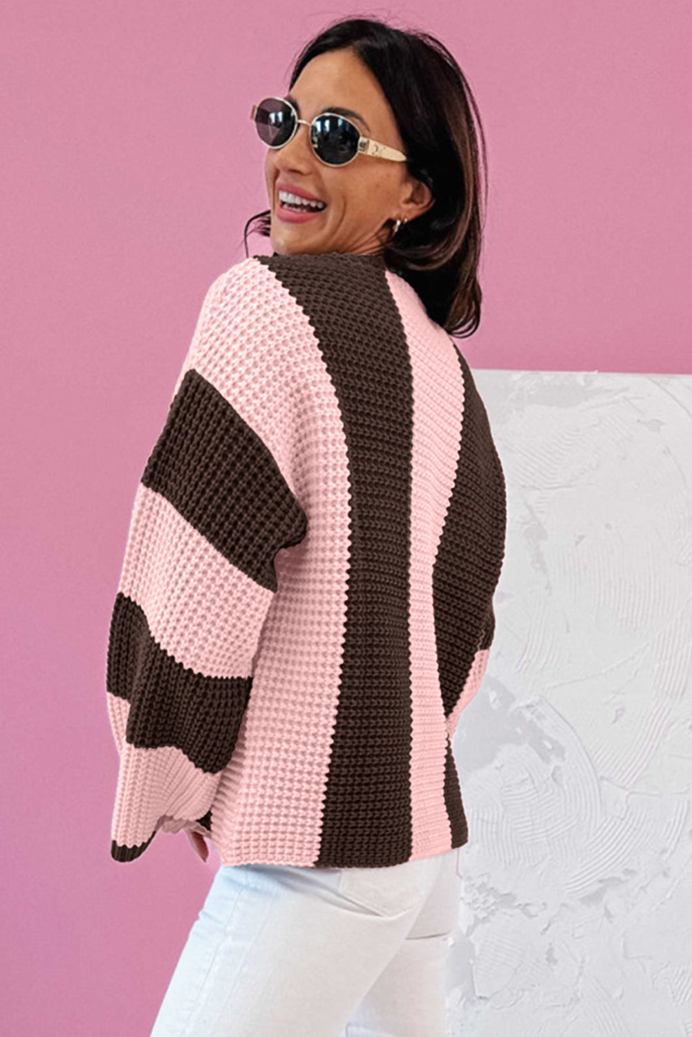 *Myosotis Striped Color Block Thermal Textured Knit Drop Shoulder Sweater
