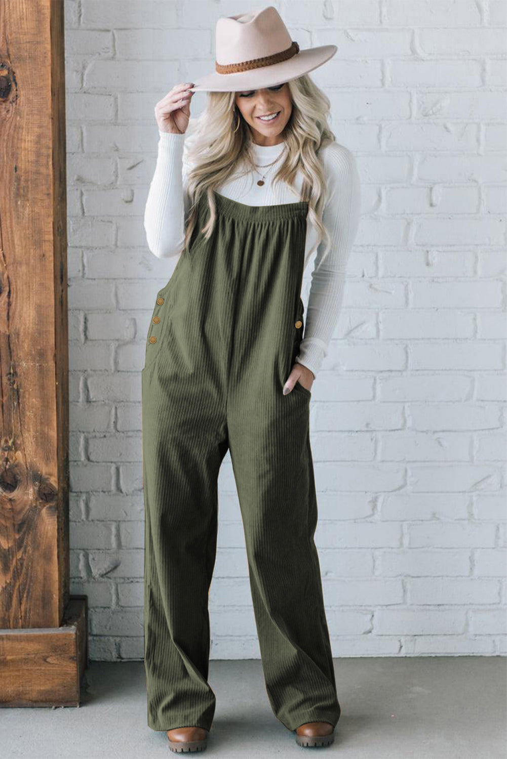 *Jungle Green Button Adjustable Straps Solid Color Corduroy Jumpsuit