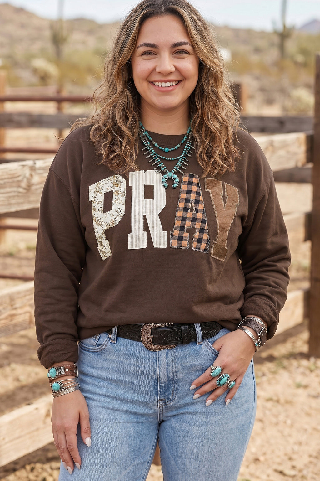 *Coffee PRAY Letter Patchwork Round Neck Long Sleeve Plus Size Sweatshirt