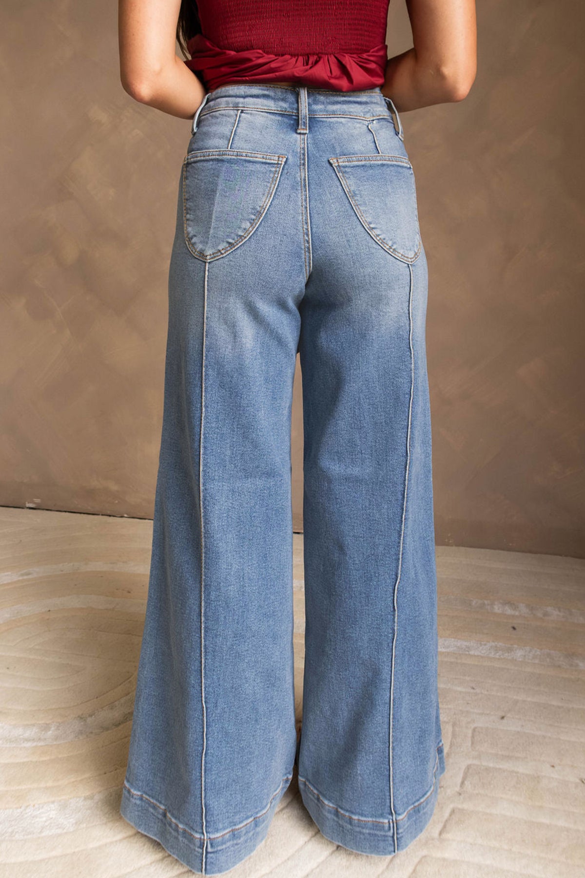 *Dusk Blue Piping Seam Detail Flare Leg Pocket Jeans