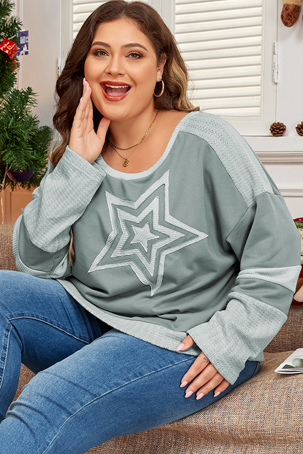 *Mist Green Stars Patchwork Round Neck Plus Size T Shirt