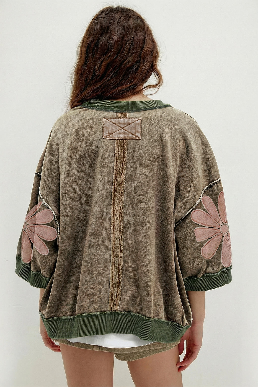 *Breen Mineral Wash Raw Seam Patchwork Flower Patched 3/4 Sleeve Oversize Top