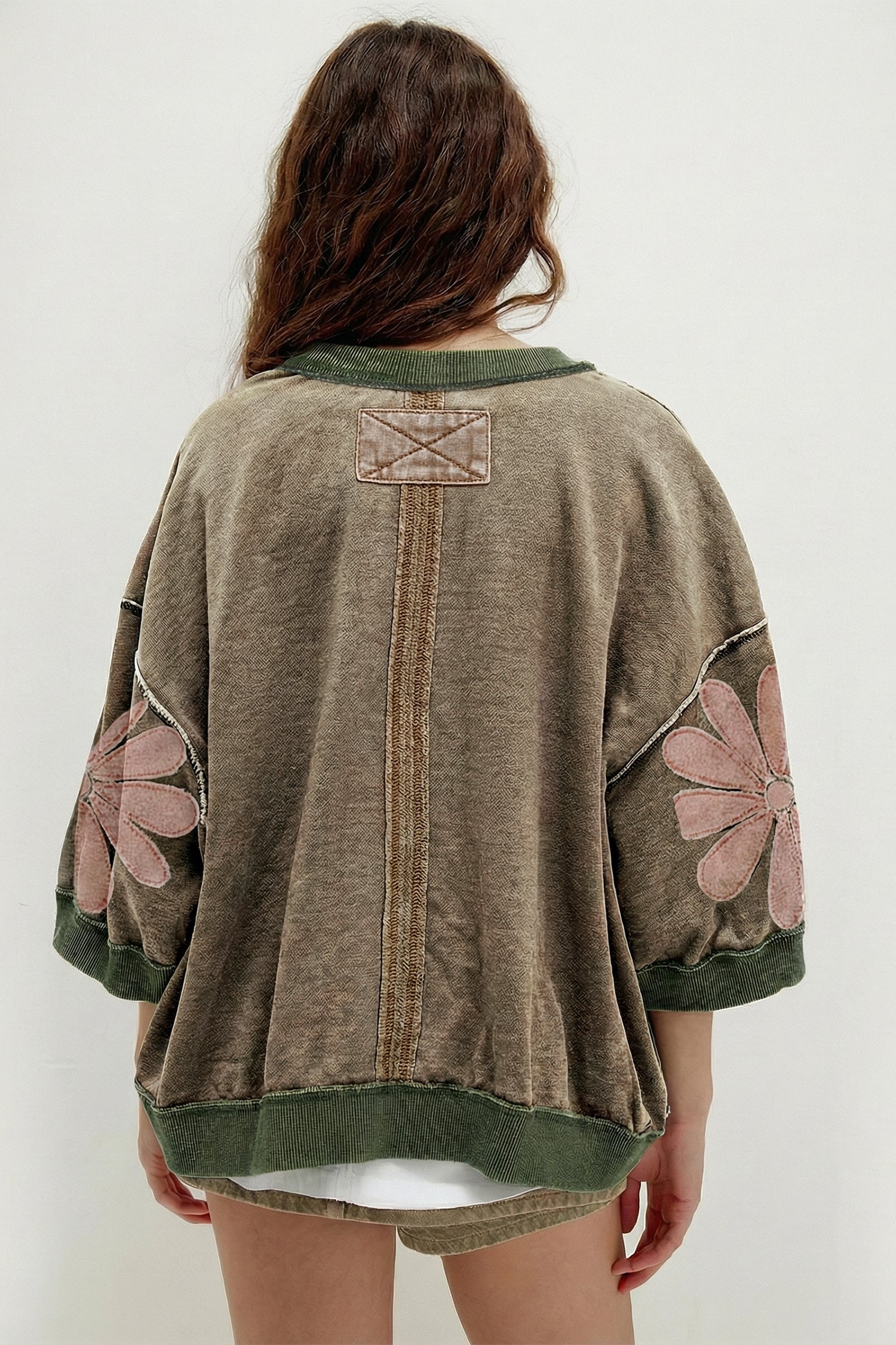 *Breen Mineral Wash Raw Seam Patchwork Flower Patched 3/4 Sleeve Oversize Top