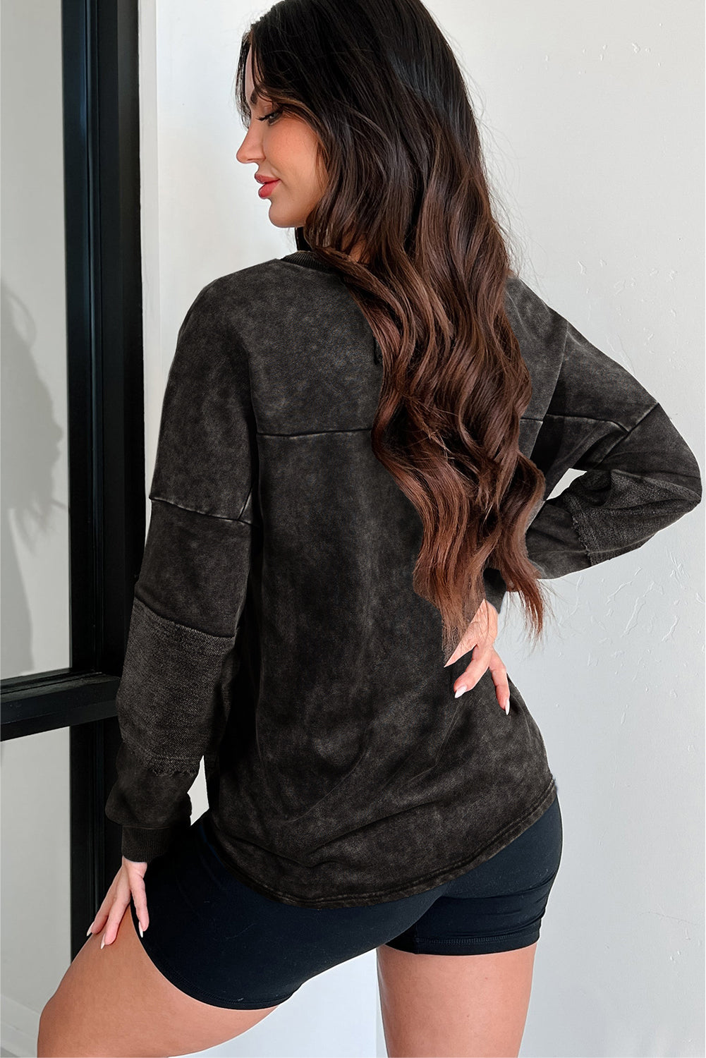 *Mist Blue Mineral Wash Exposed Seam Buttoned V Neck Pullover Top