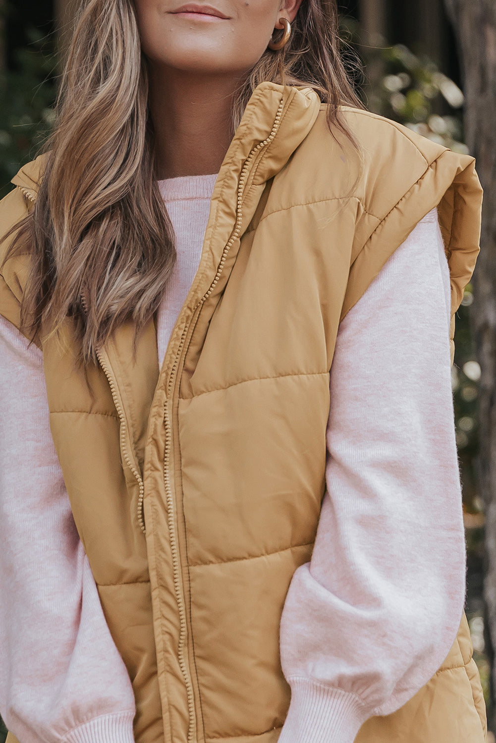 *Khaki Oversized Stand Collar Zip Winter Vest