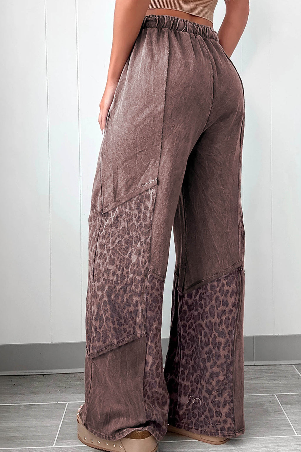 *Coffee Mineral Wash Leopard Patchwork Loose Pants