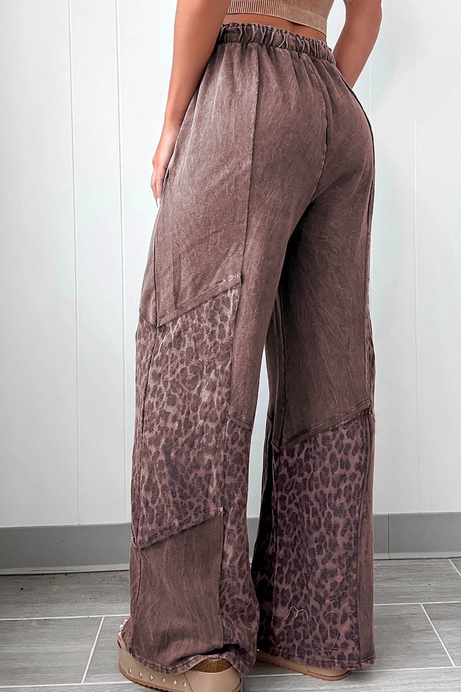 *Coffee Mineral Wash Leopard Patchwork Loose Pants