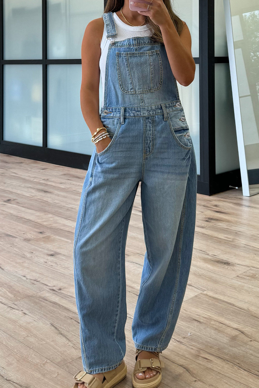 *Dusk Blue Adjustable Buckle Barrel Denim Overalls