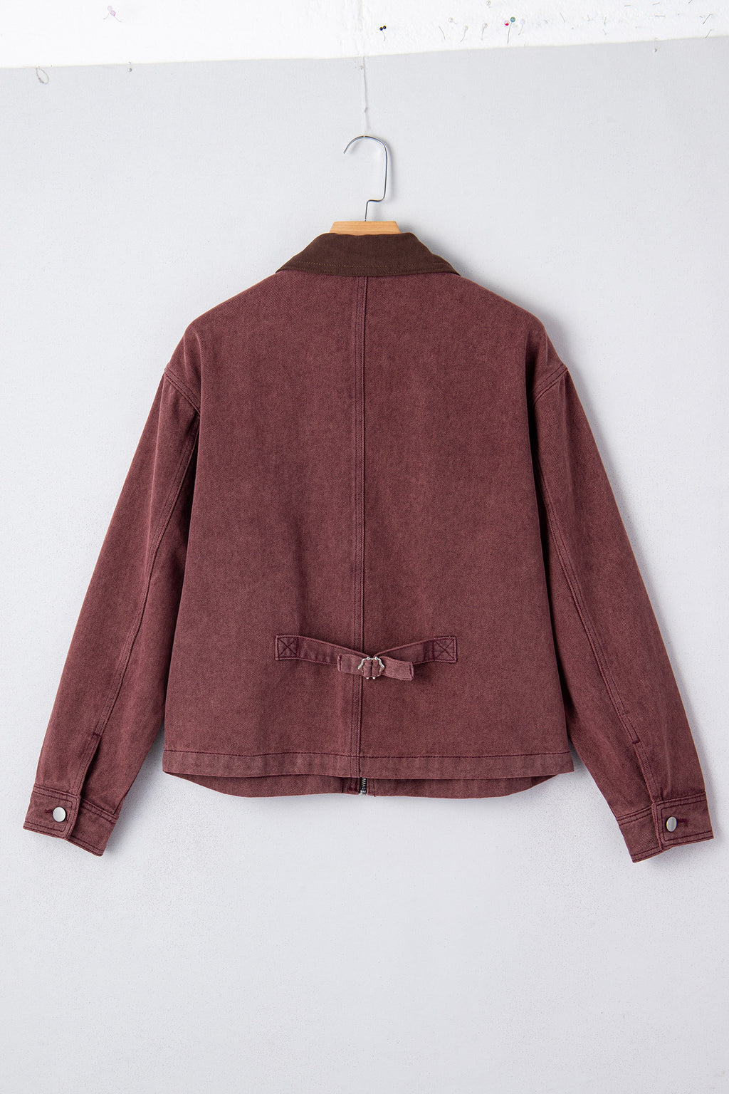 *Coffee Corduroy Collar Zipped Front Denim Jacket