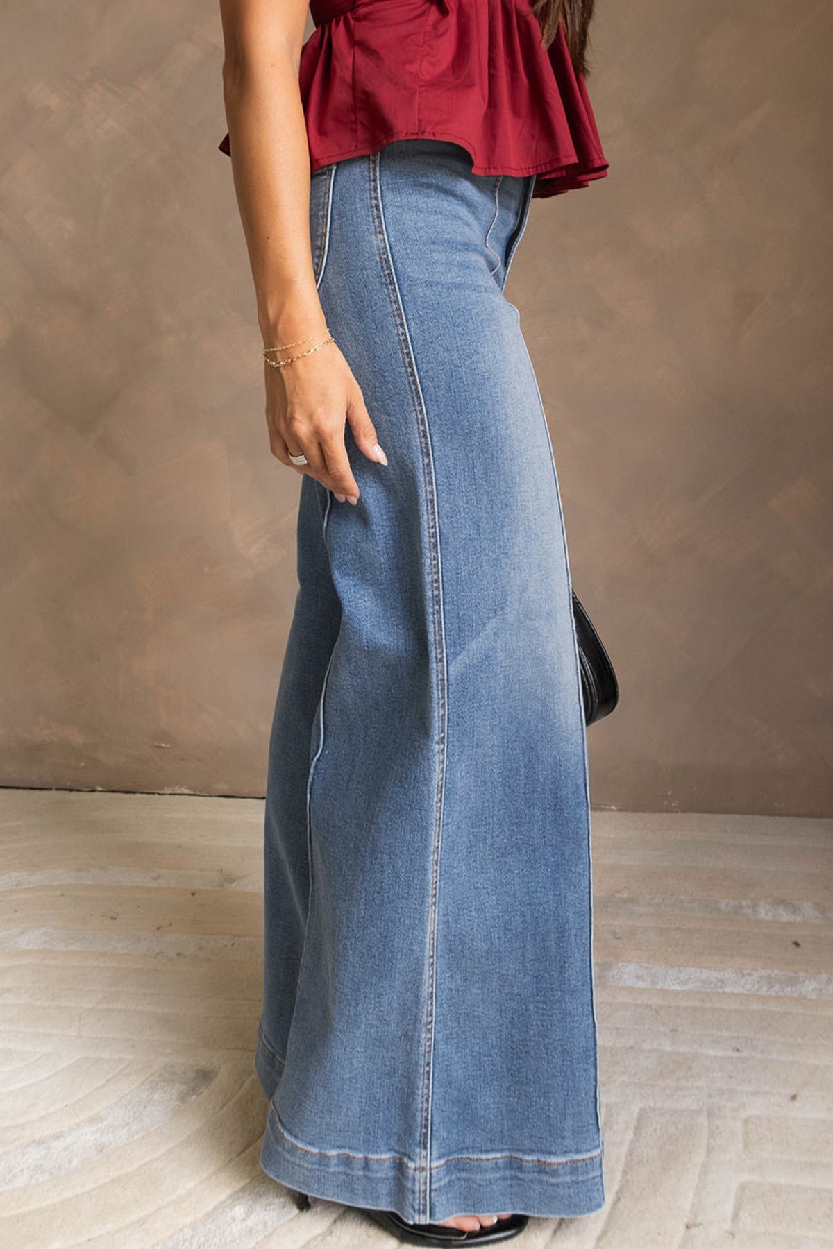 *Dusk Blue Piping Seam Detail Flare Leg Pocket Jeans