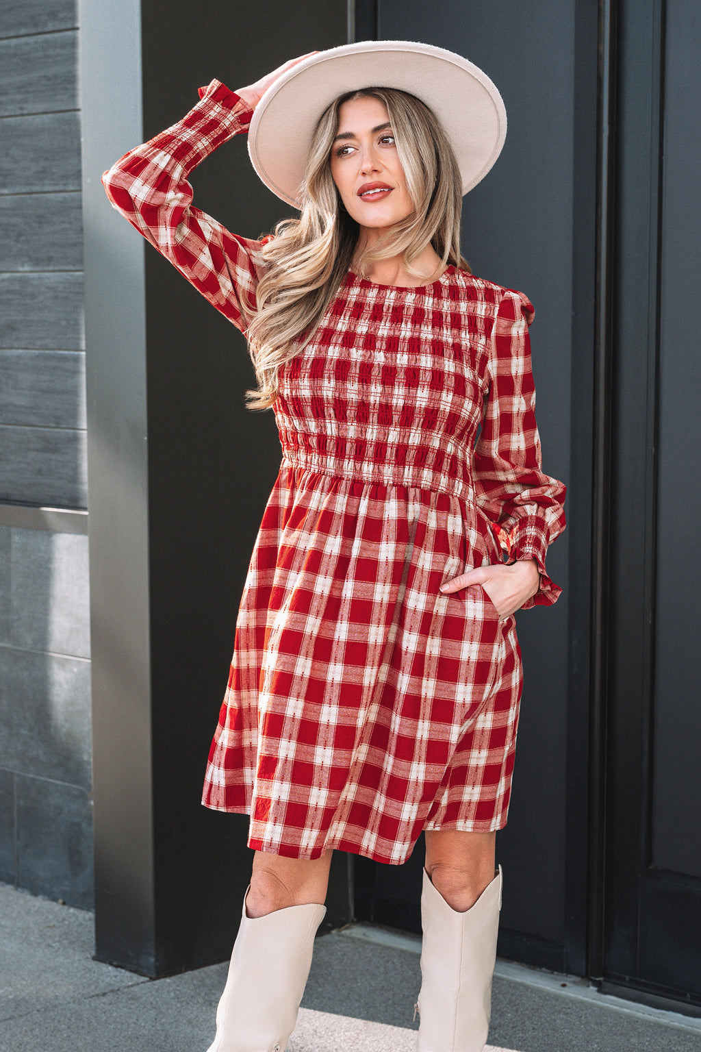 *Red Plaid Print Smocked Puff Sleeve Mini Dress