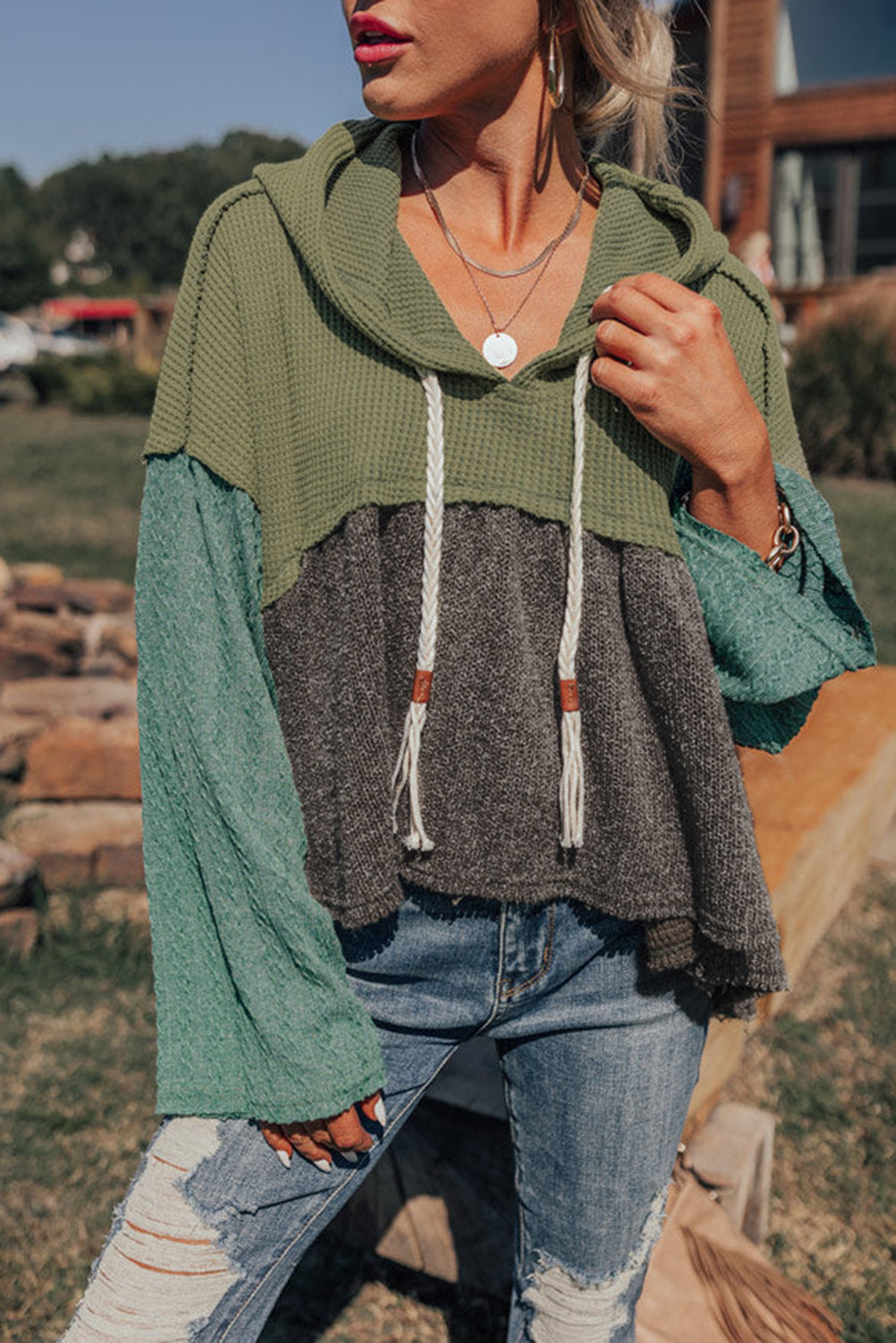 *Laurel Green Mixed Textured Colorblock Patchwork Wide Sleeve Frayed High Low Hooded Top