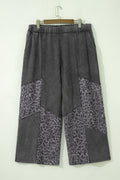 *Dark Grey Plus Size Leopard Patchwork Mineral Wash Wide Leg Pants