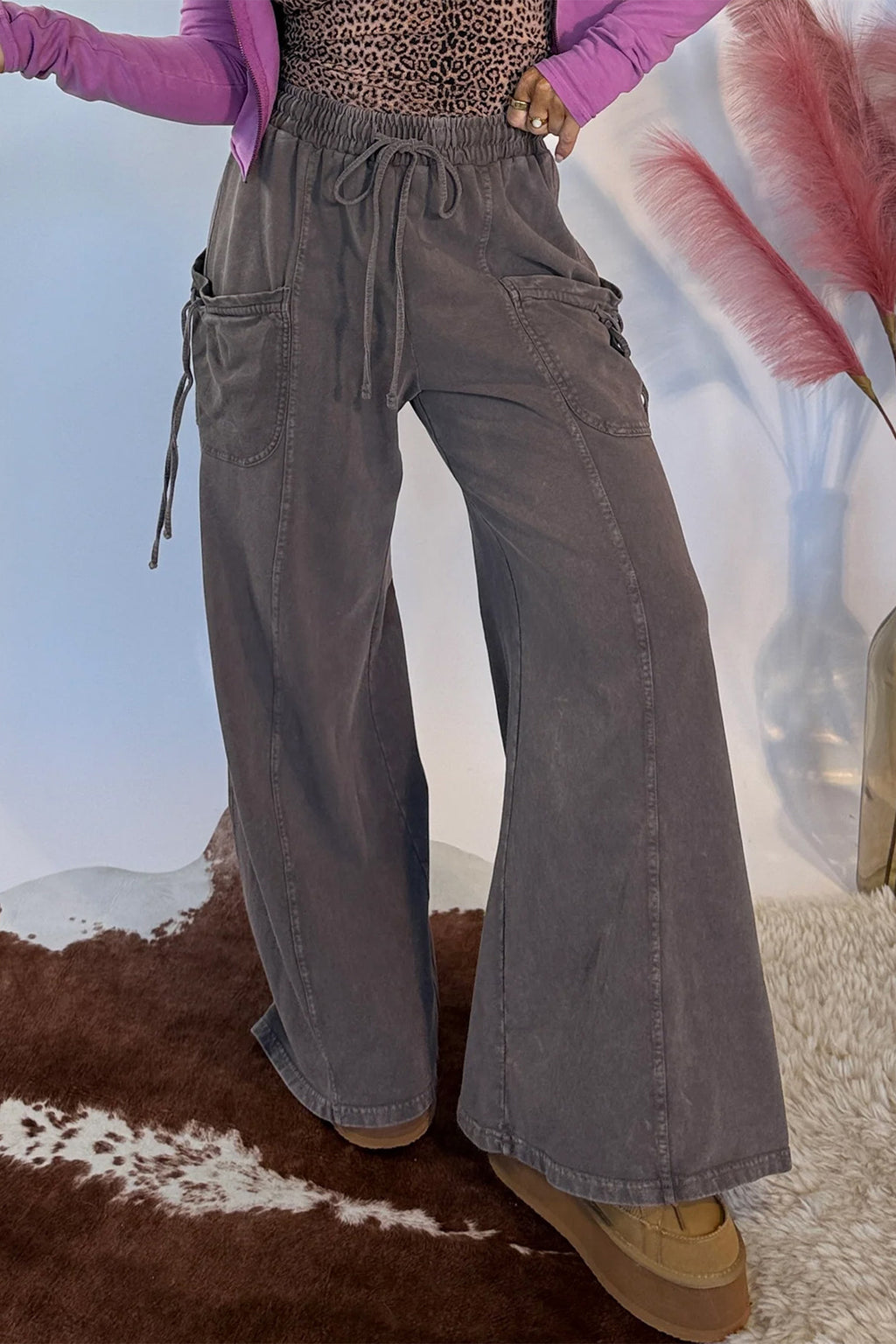 *Dark Brown Cotton Mineral Wash Elastic Waist Drawstring Tie Detail Cargo Pants