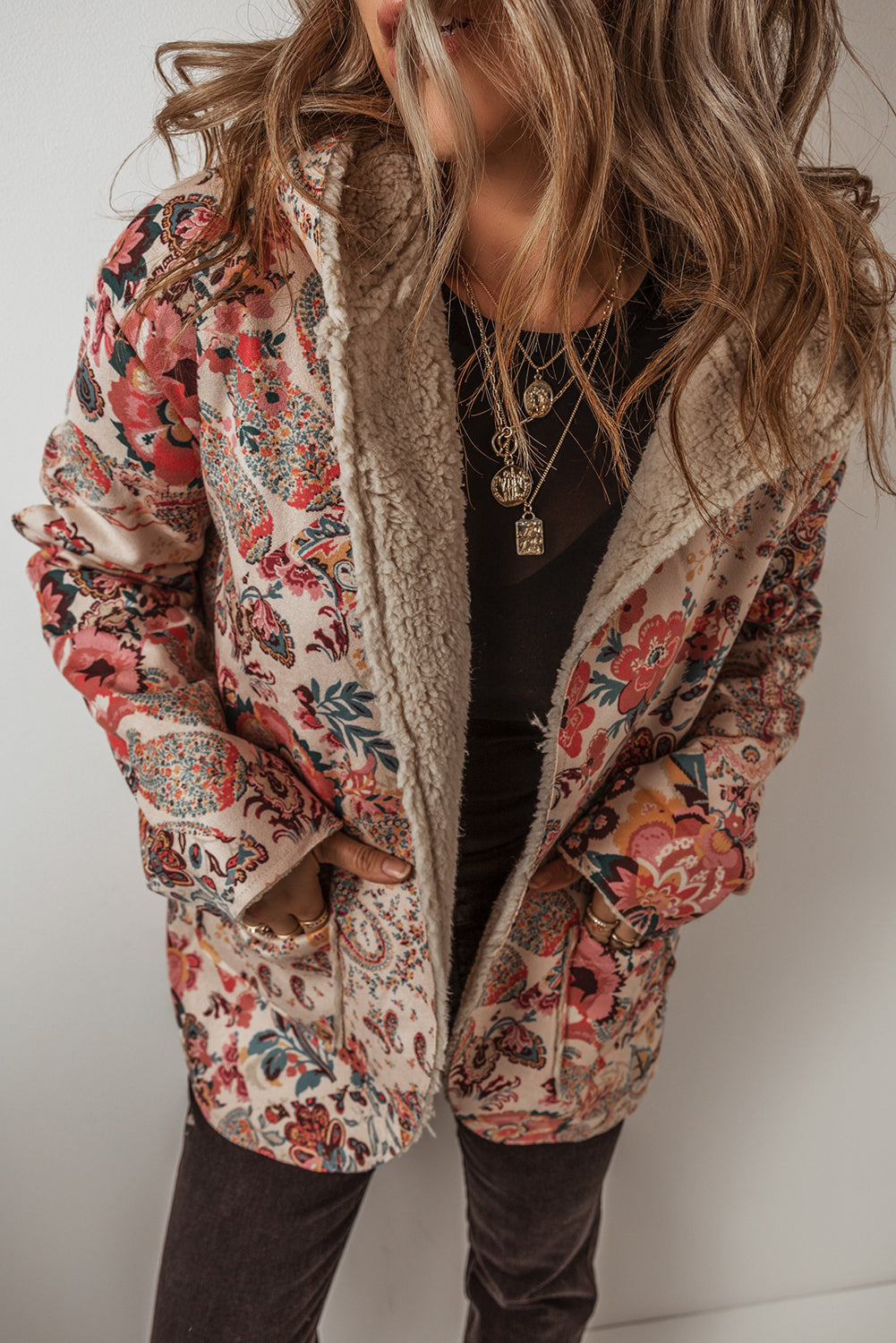 *Khaki Vintage Floral Printed Sherpa Lined Hooded Jacket