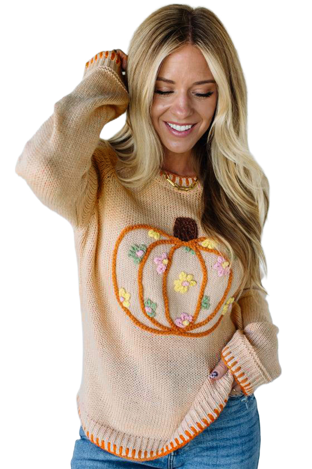 *Parchment Floral Embroidery Pumpkin Long Sleeve Round Neck Sweater