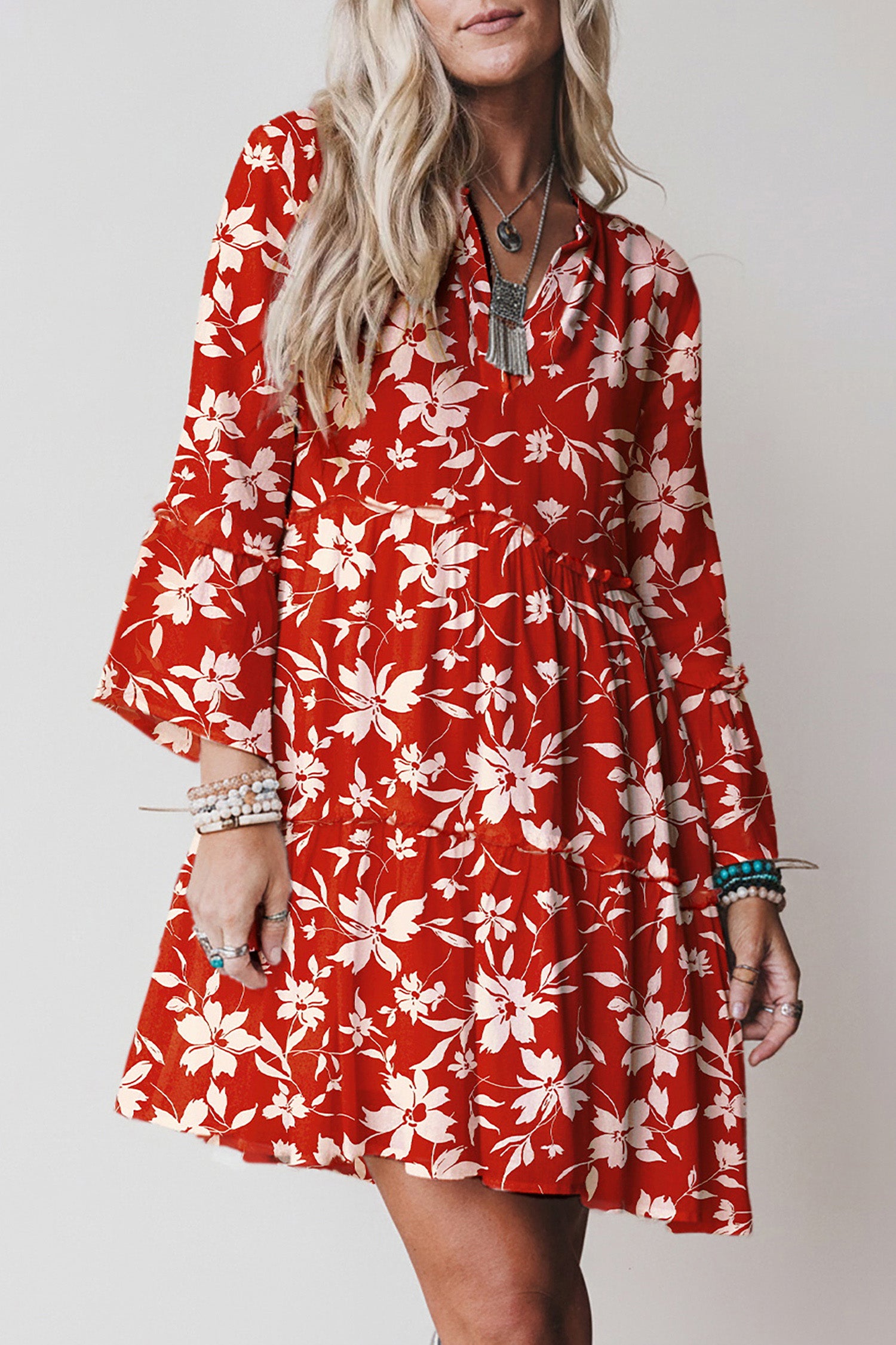 *Blue Boho Floral Print Lettuce Trim 3/4 Sleeve Mini Dress