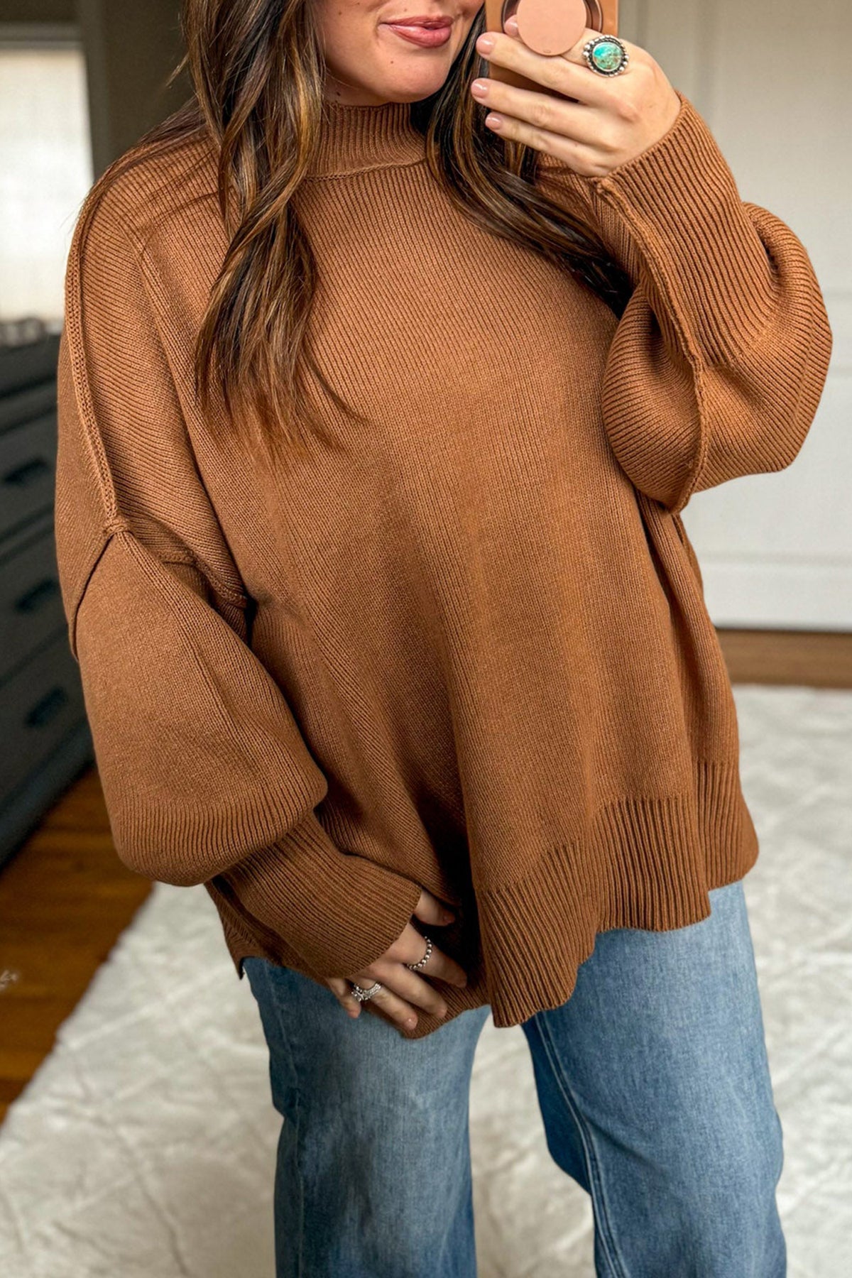 *Chestnut Oversized Ribbed Knit Long Sleeve Tunic Plus Size Sweater