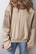 *Parchment Knit Crochet Exposed Seam Ribbed Trim Sweatshirt