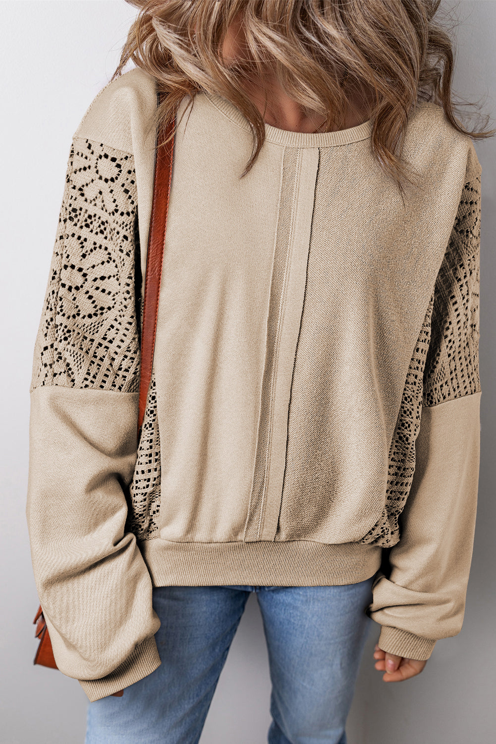 *Parchment Knit Crochet Exposed Seam Ribbed Trim Sweatshirt
