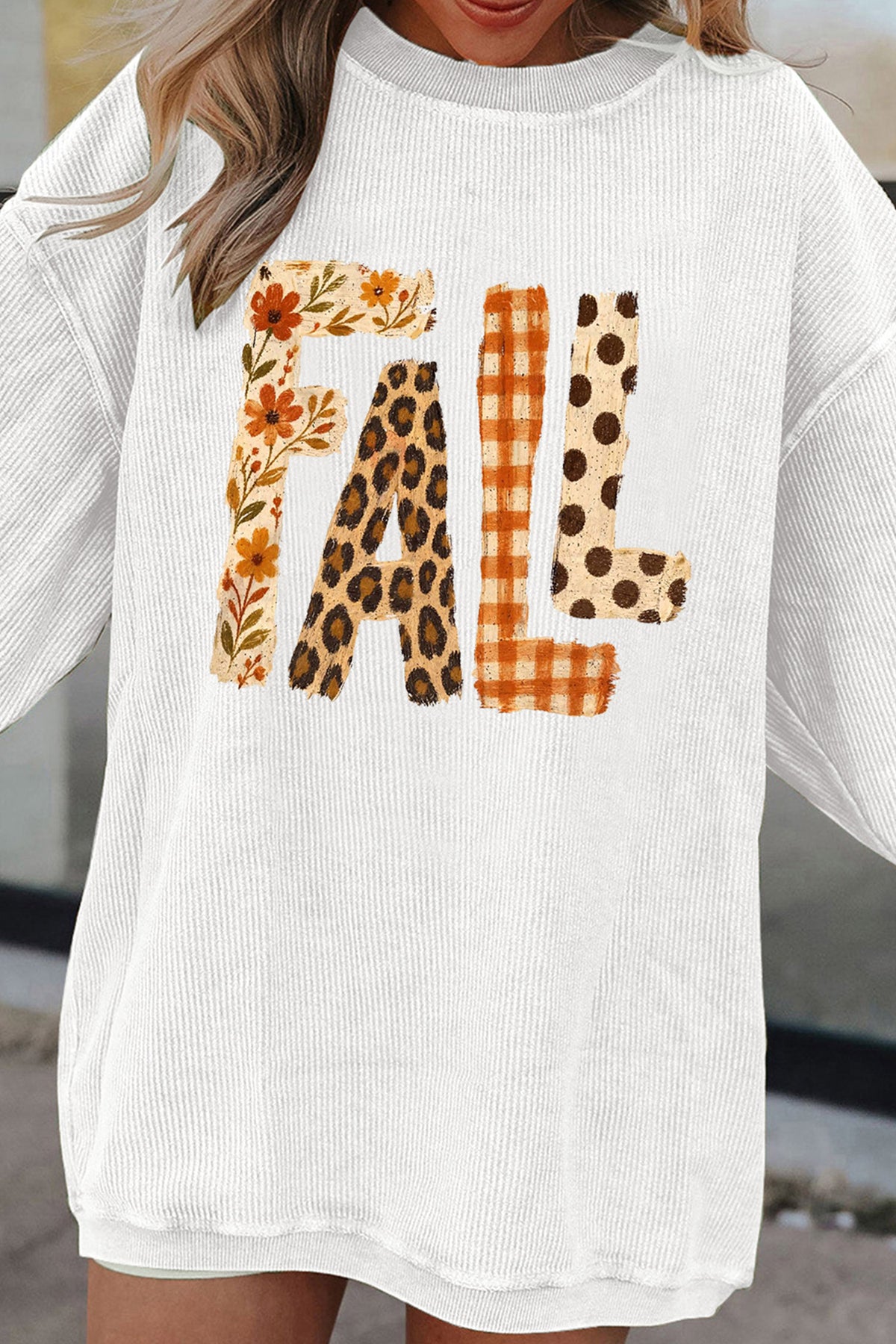 *White Fall Letter Pattern Graphic Customized Corded Sweatshirt