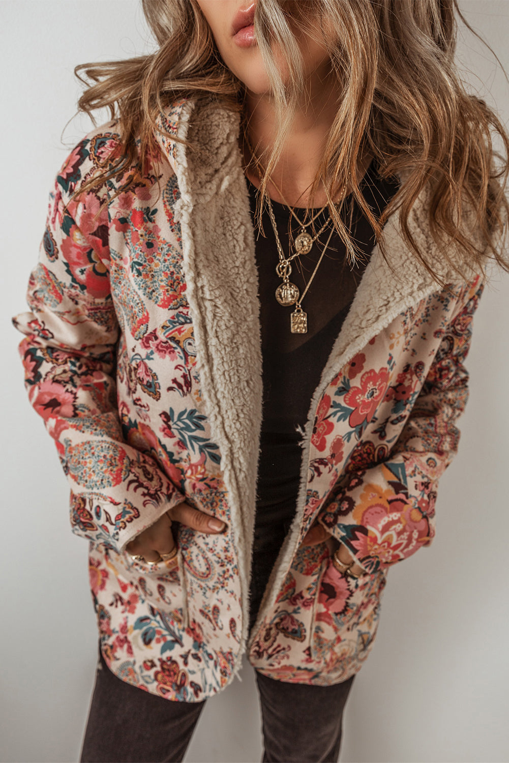 *Khaki Vintage Floral Printed Sherpa Lined Hooded Jacket