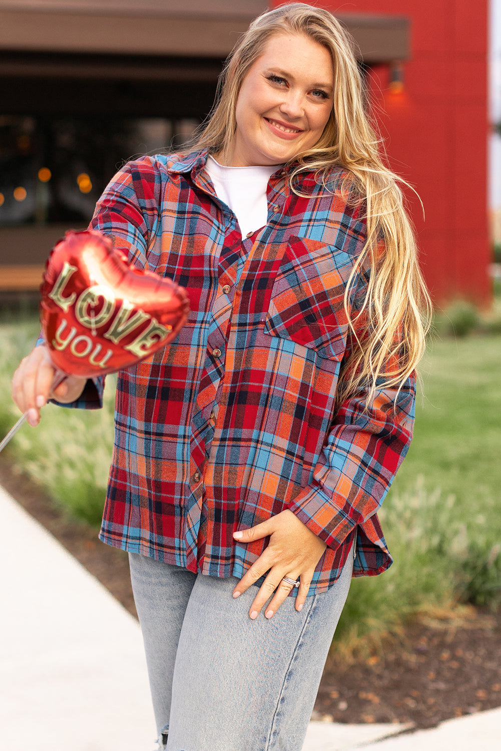 *Red Plus Size Plaid Print Buttoned Shirt