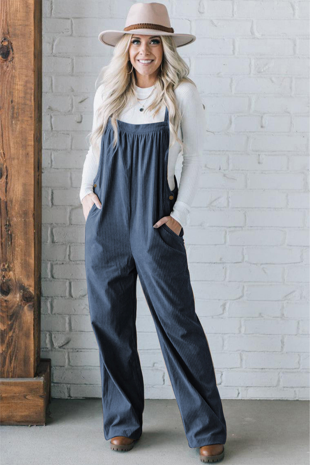 *Real Teal Button Adjustable Straps Solid Color Corduroy Jumpsuit