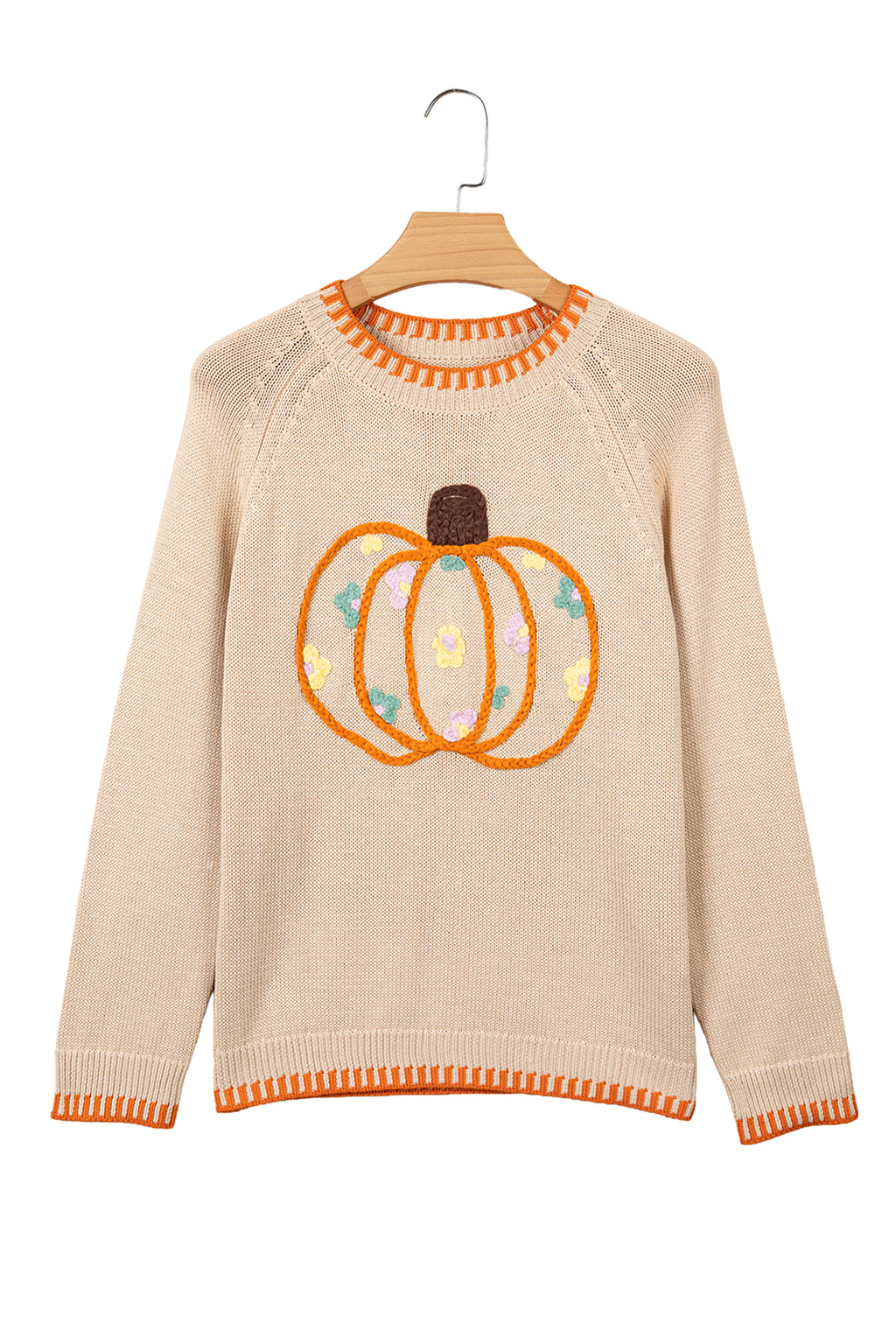 *Parchment Floral Embroidery Pumpkin Long Sleeve Round Neck Sweater