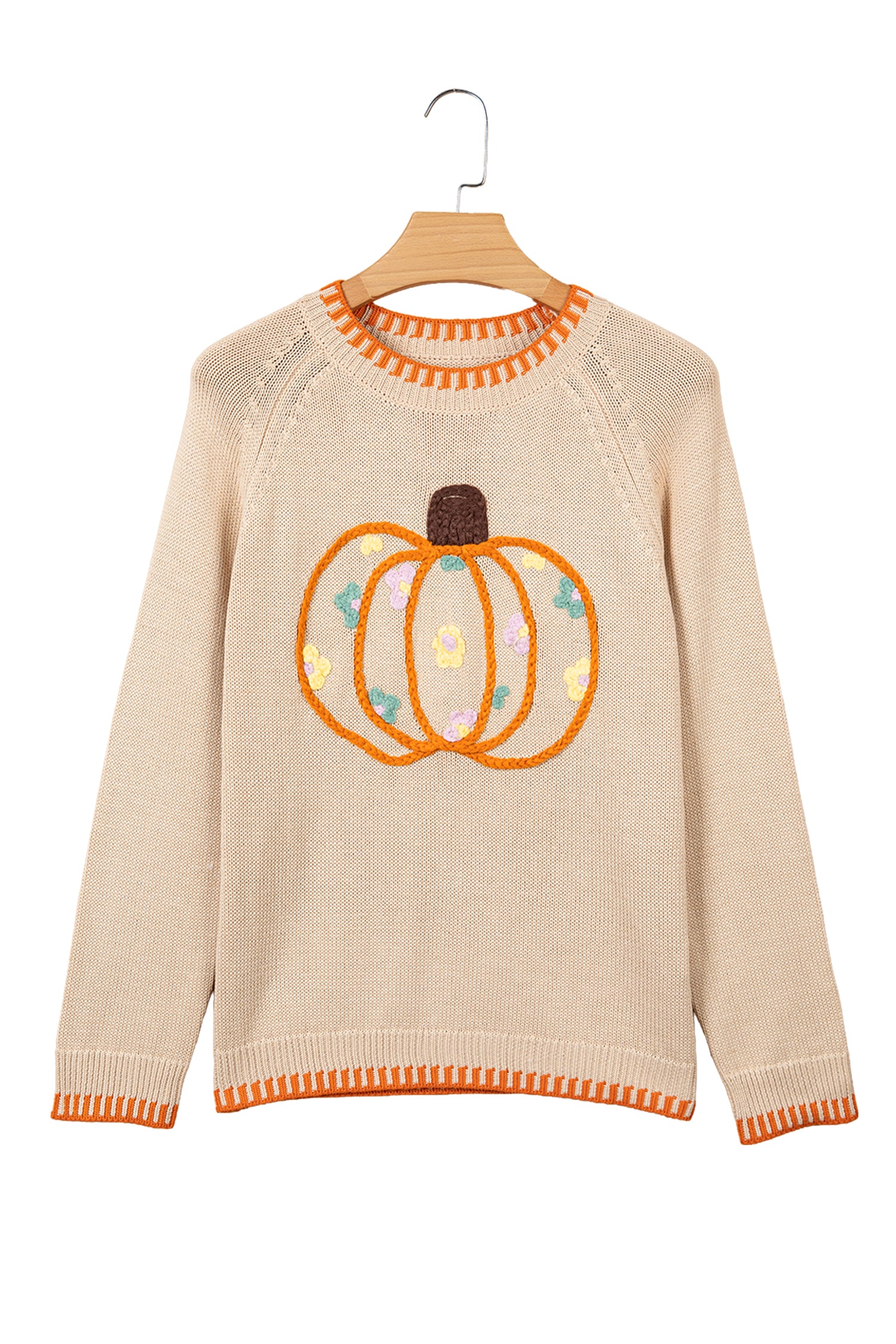 *Parchment Floral Embroidery Pumpkin Long Sleeve Round Neck Sweater