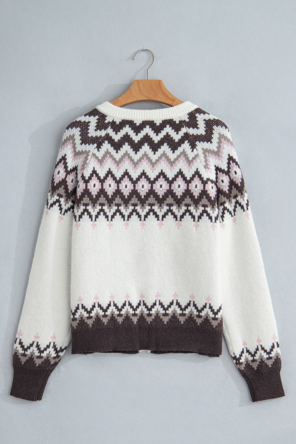 *White Geometric Pattern Brushed Knit Button Cardigan