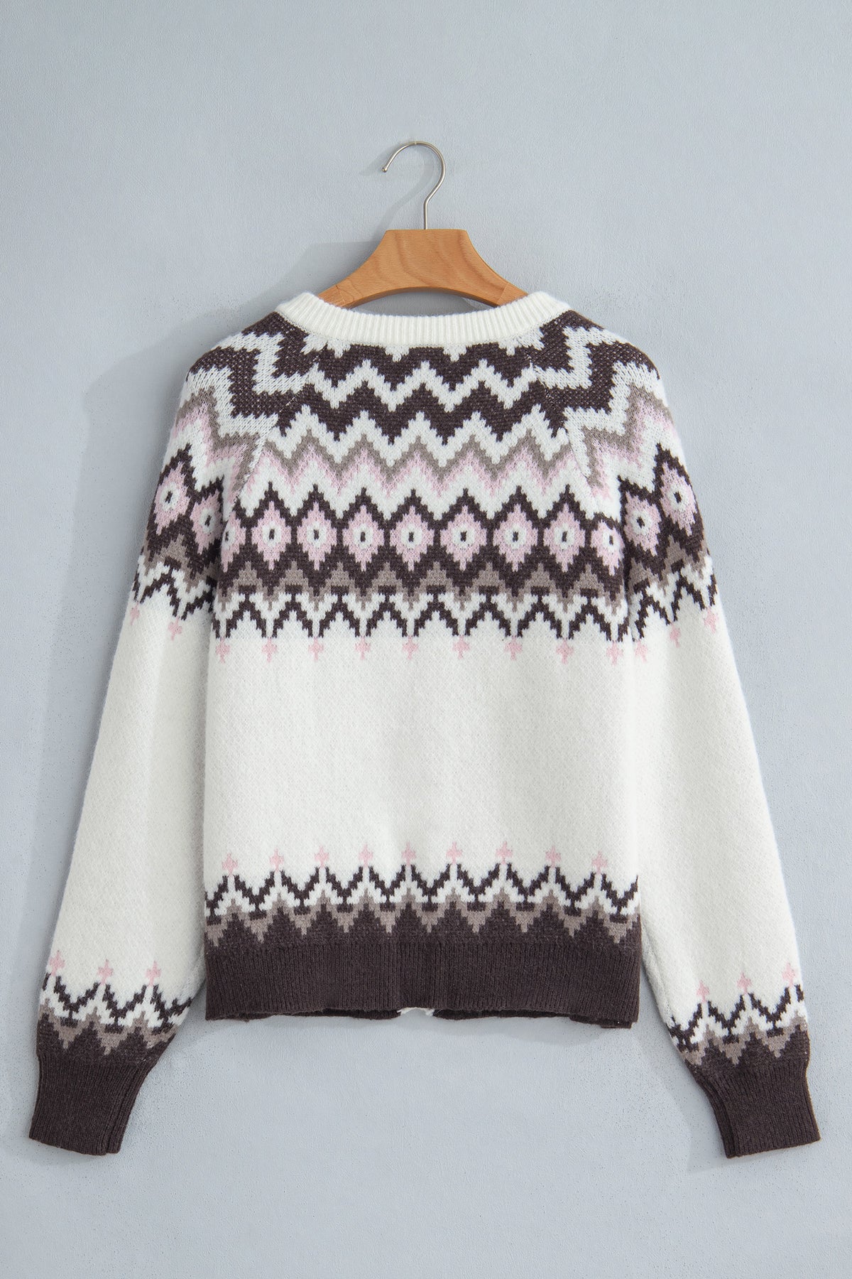 *White Geometric Pattern Brushed Knit Button Cardigan