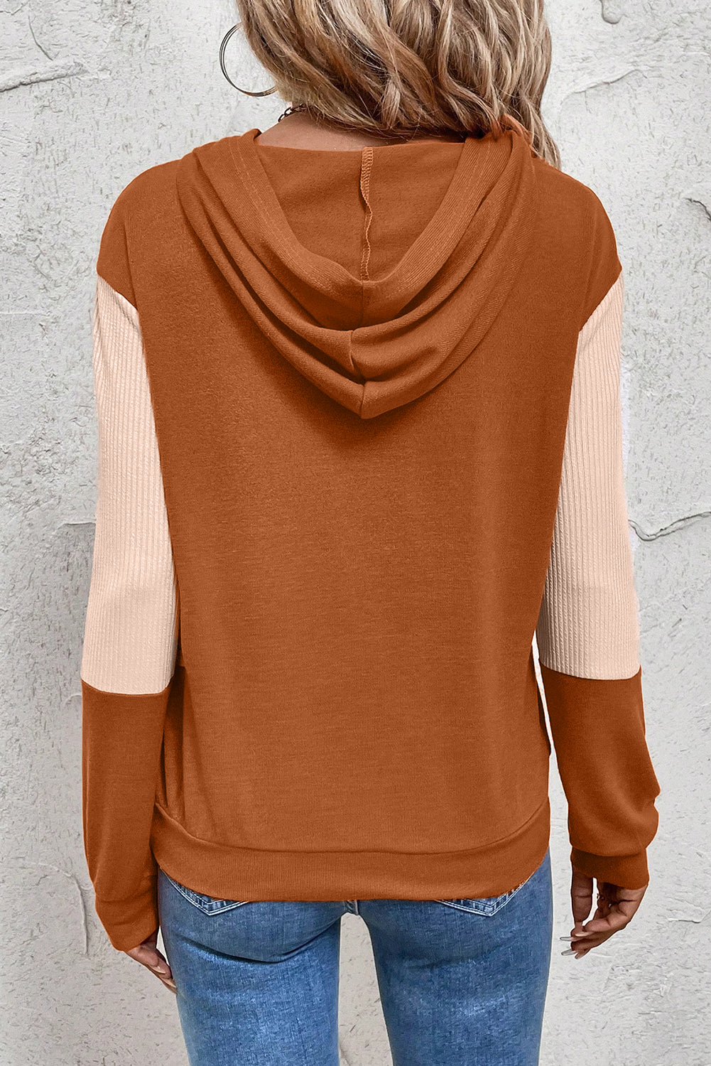 *Gold Flame Contrast Color Ribbed Patchwork Crossed Pullover Neck Hoodie