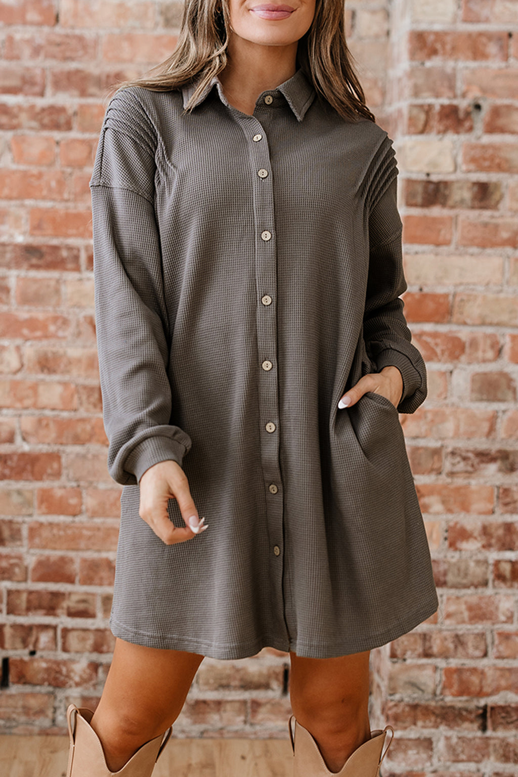 *Simply Taupe Waffle Knit Shirt Tunic Dress