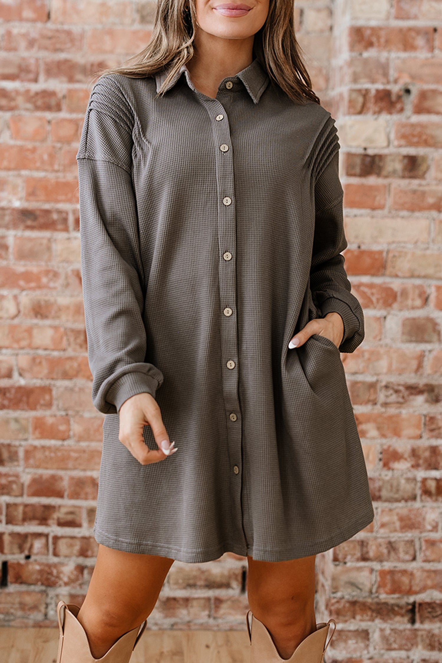 *Simply Taupe Waffle Knit Shirt Tunic Dress