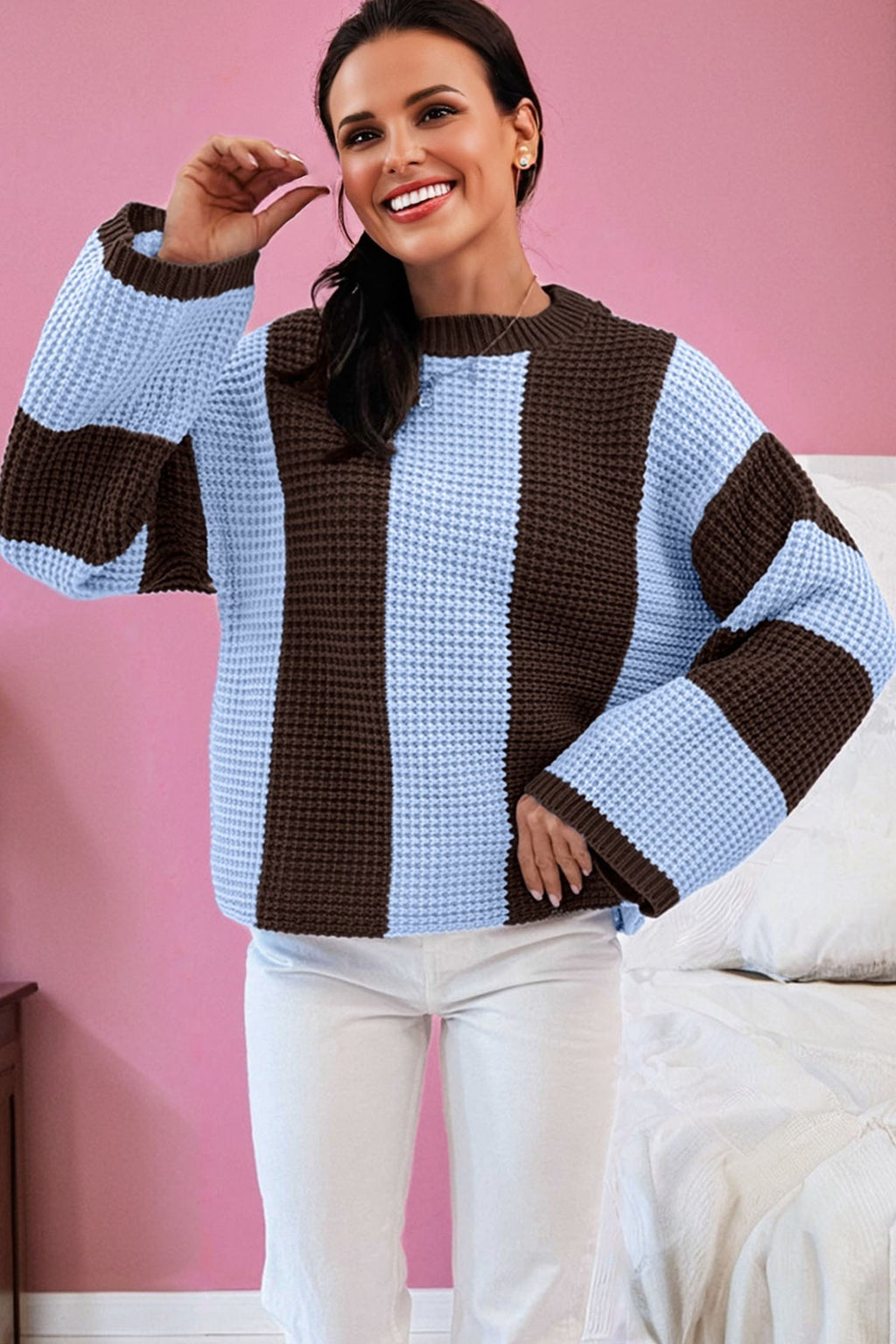 *Myosotis Striped Color Block Thermal Textured Knit Drop Shoulder Sweater