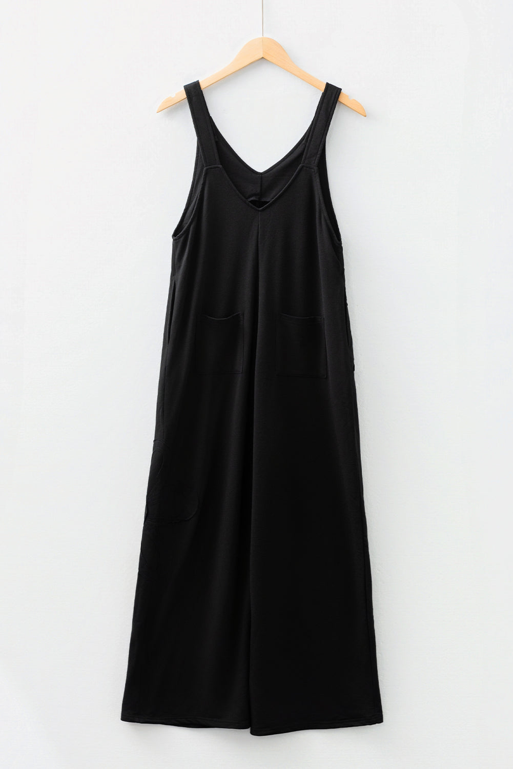 *Black Solid Color Raw Seam Big Flower Patched Loose Overall Jumpsuit