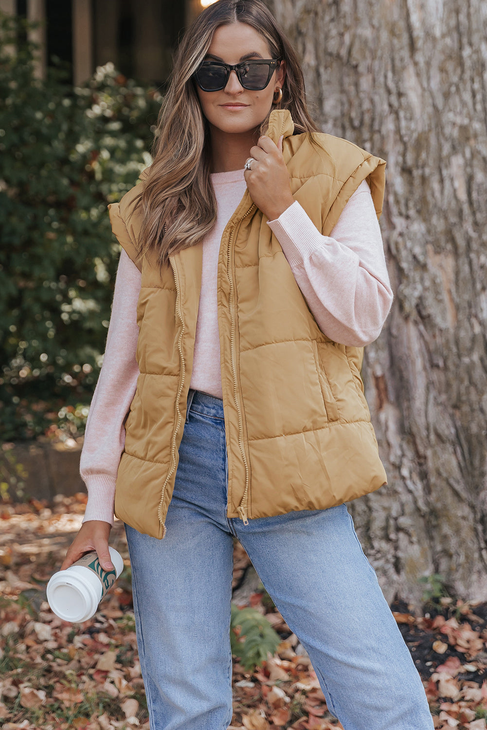 *Khaki Oversized Stand Collar Zip Winter Vest