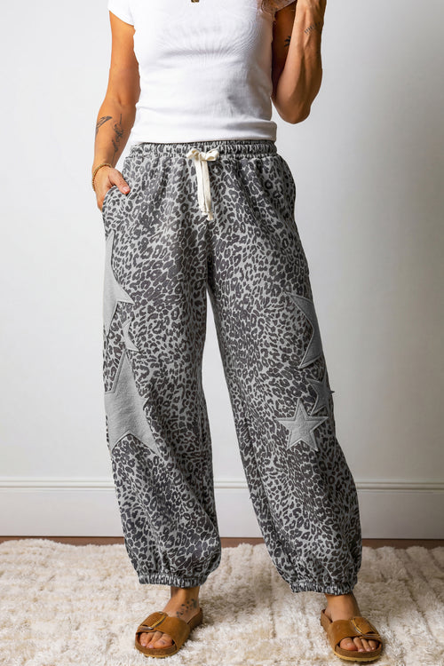 *Gray Leopard Print Star Patched Drawstring Elastic Waist Jogger Pants