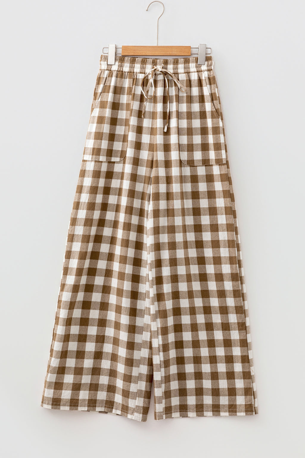 *Brown Gingham Plaid Tie Elastic Waist Shift Pants