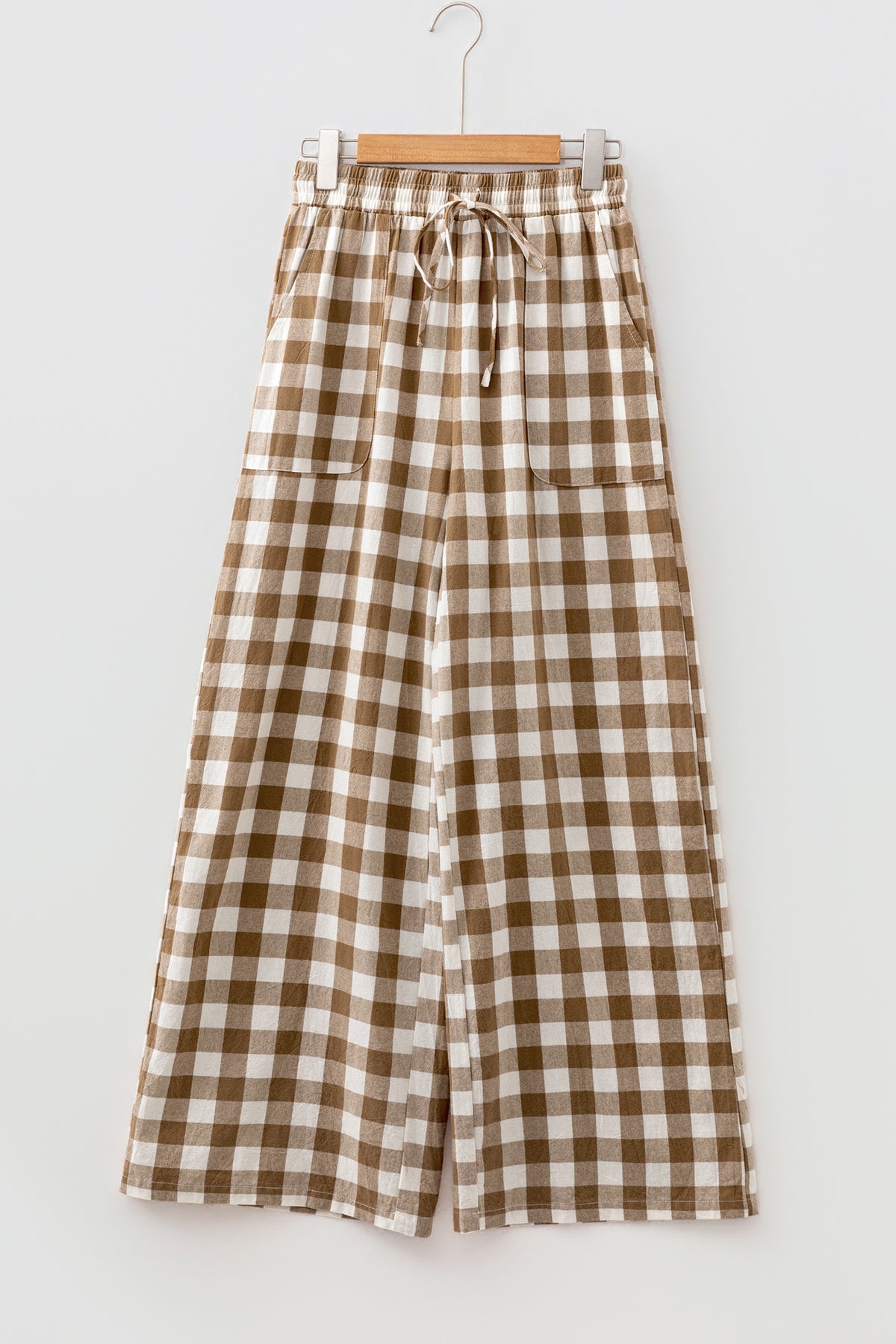 *Brown Gingham Plaid Tie Elastic Waist Shift Pants