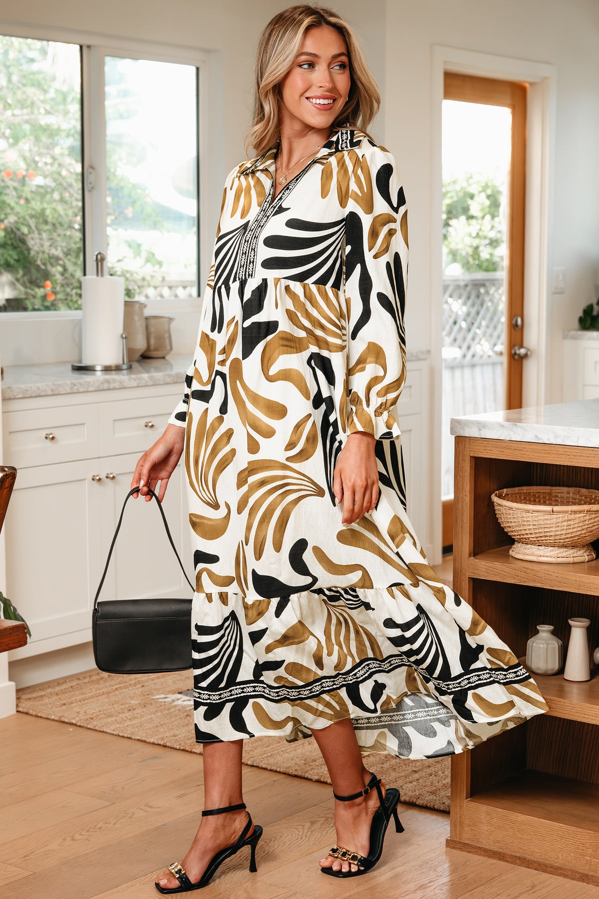 *Brown Tropical Printed Contrast Trim Neck Long Sleeve Ruffle Hem Dress